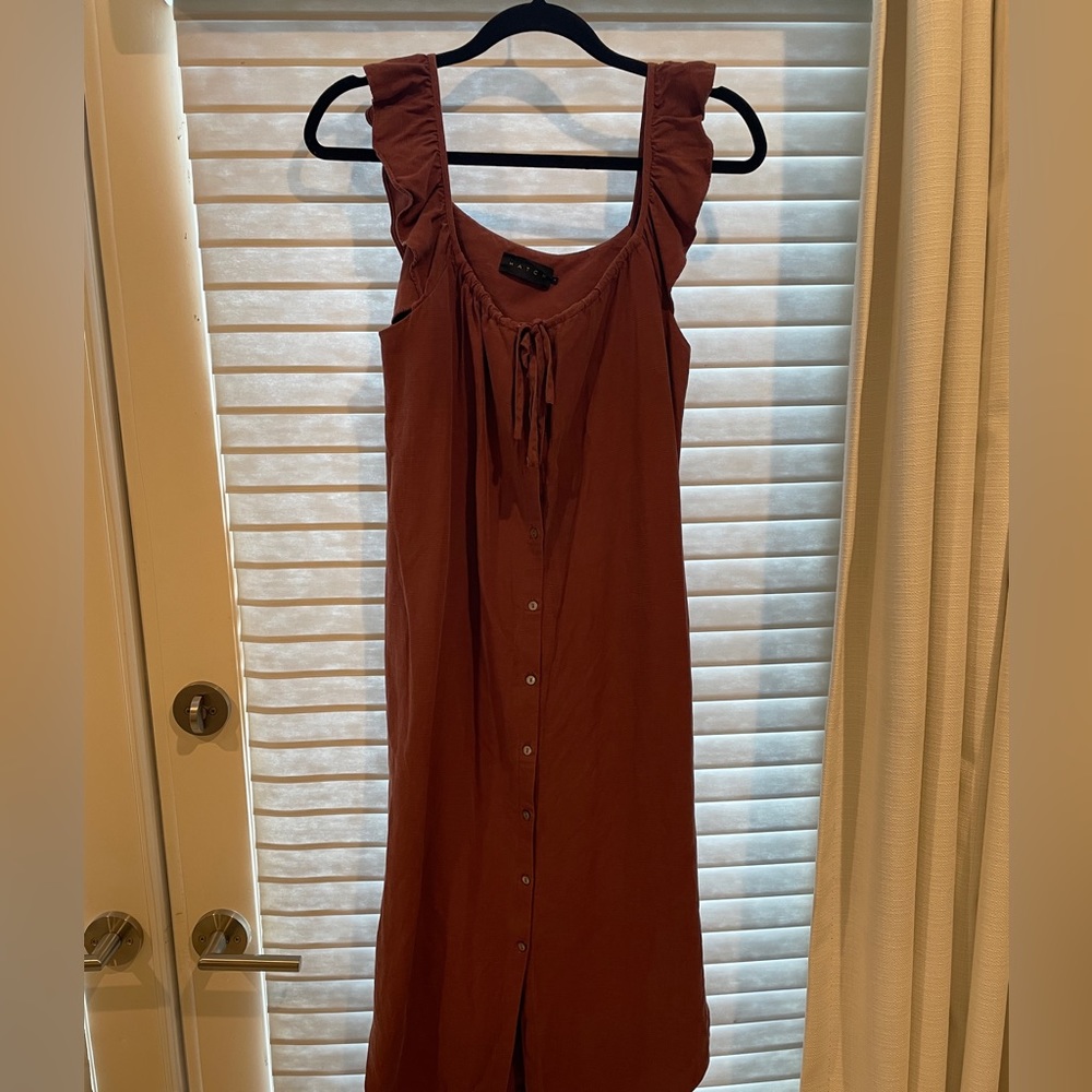Hatch Rust Brown Ruffle Strap Midi Dress - Picture 4 of 6